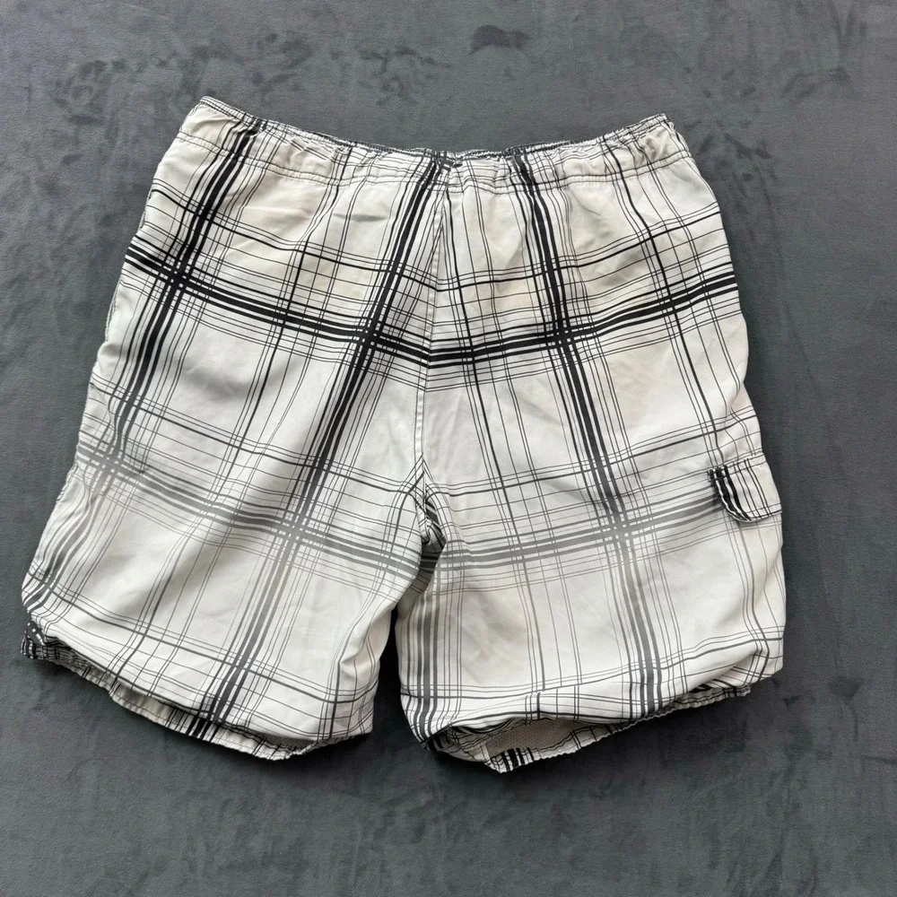 Ocean Pacific Mens Plaid Board Shorts White Black Grey Cargo Pocket Large 36-38